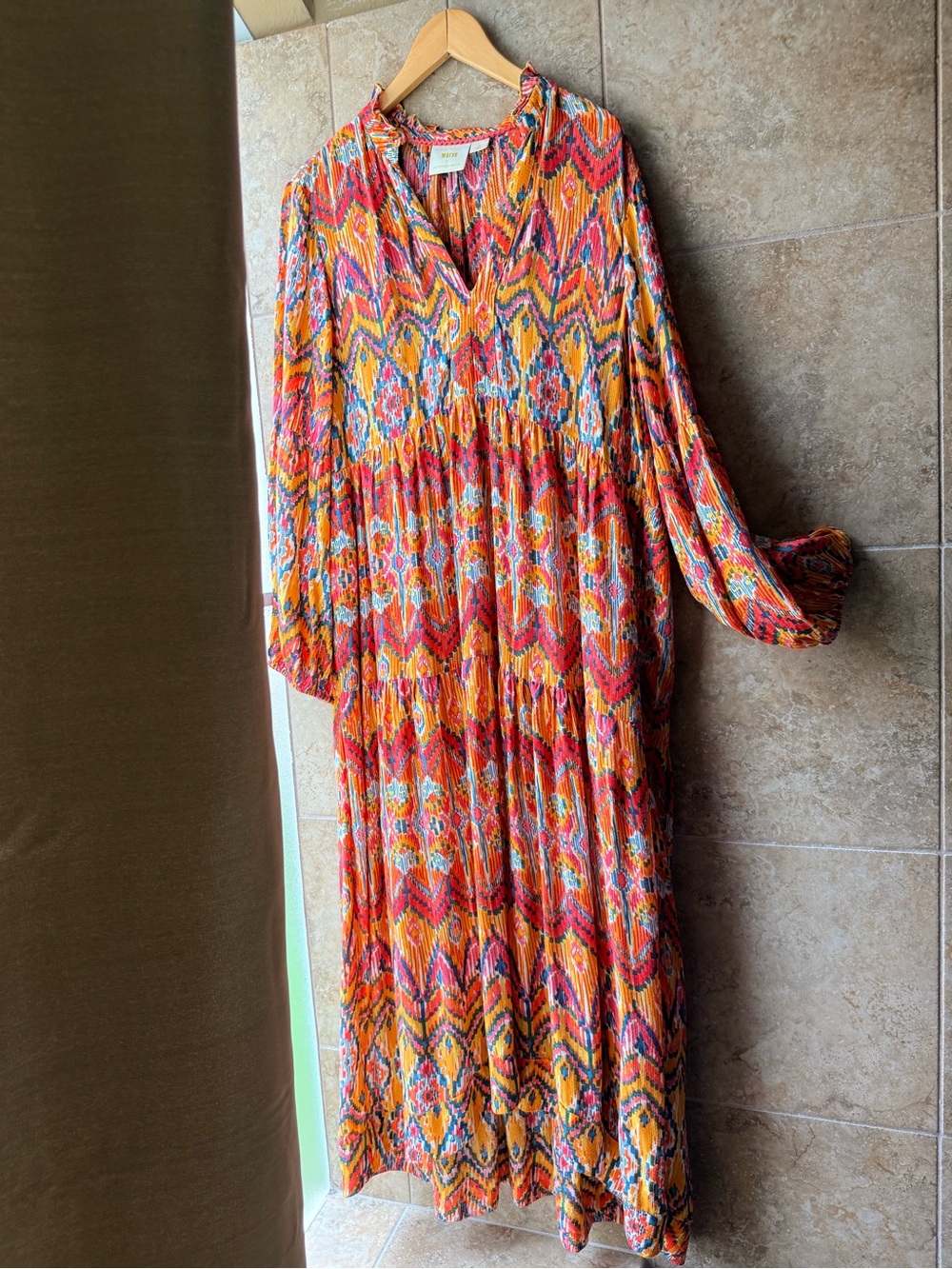Anthropologie Maeve Tamarind Tiered Maxi Dress Orange Ikat Print Pockets LP